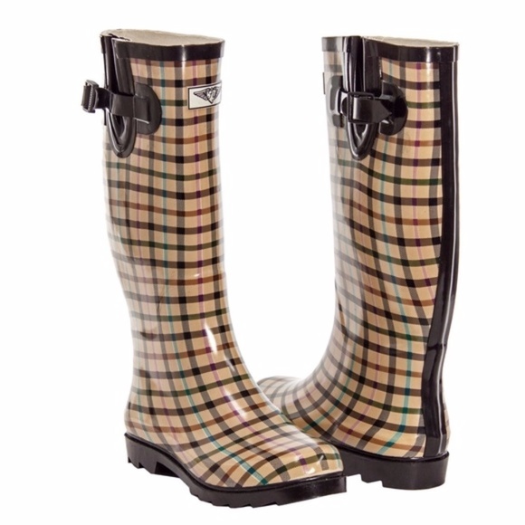 Women  Rubber Rain Boots, Lines Plaid Rainboots - Picture 2 of 4